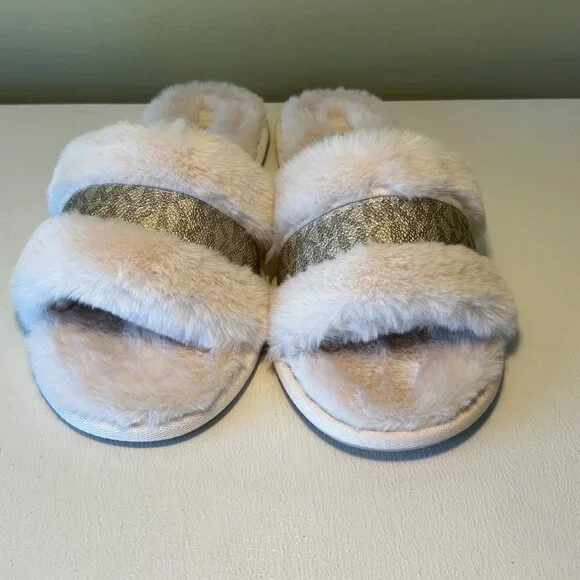 Michael Kors Alexis Faux Fur and Metallic Signature Logo Slide Sandal - Picture 3 of 12